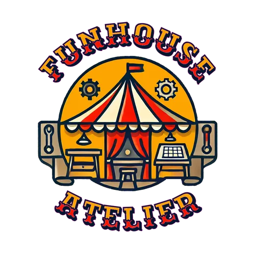 Funhouse Atelier logo: a red and cream circus tent workshop